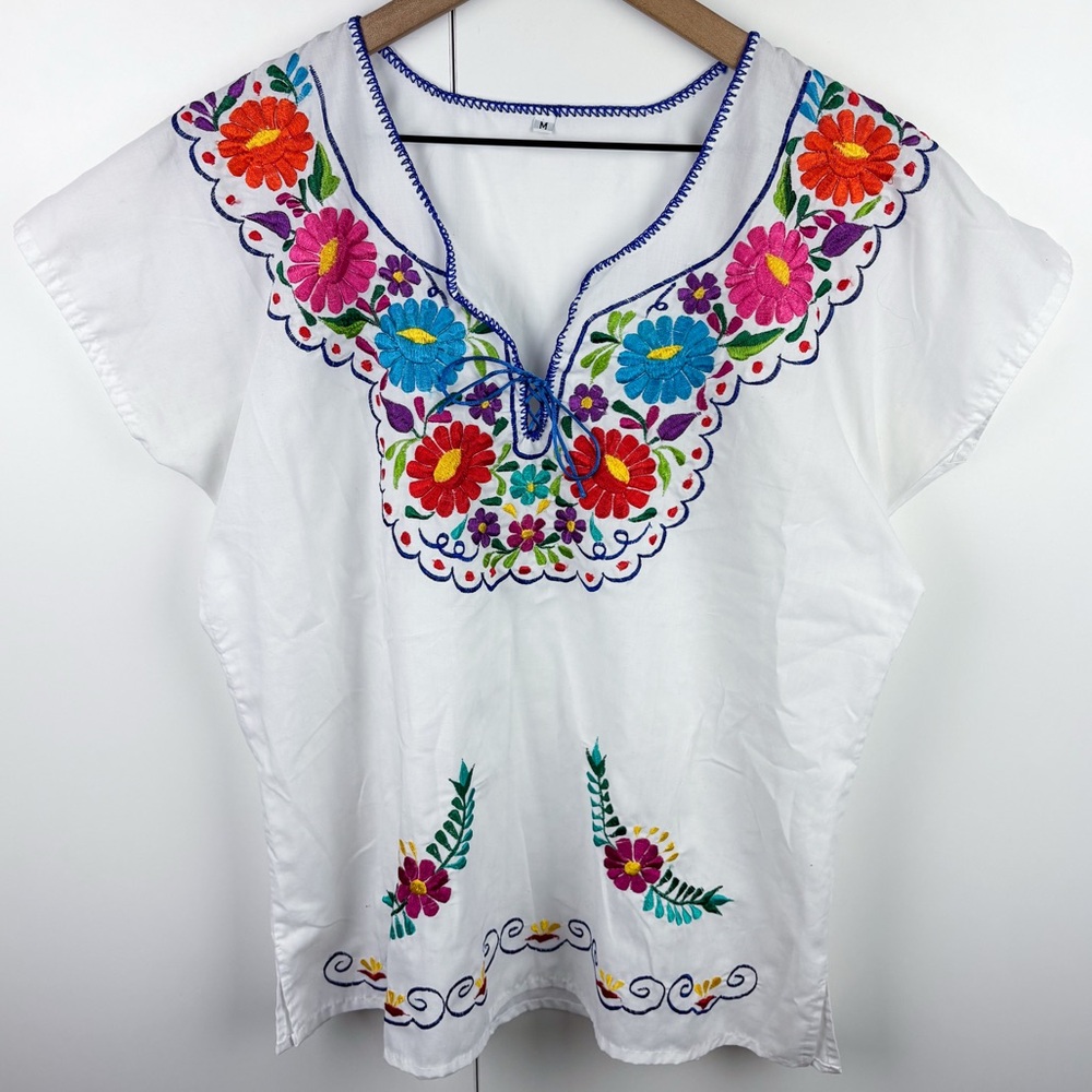 Mexican Embroidered Floral Huipil Puebla Blusa Blouse Top Folklorico Maya White